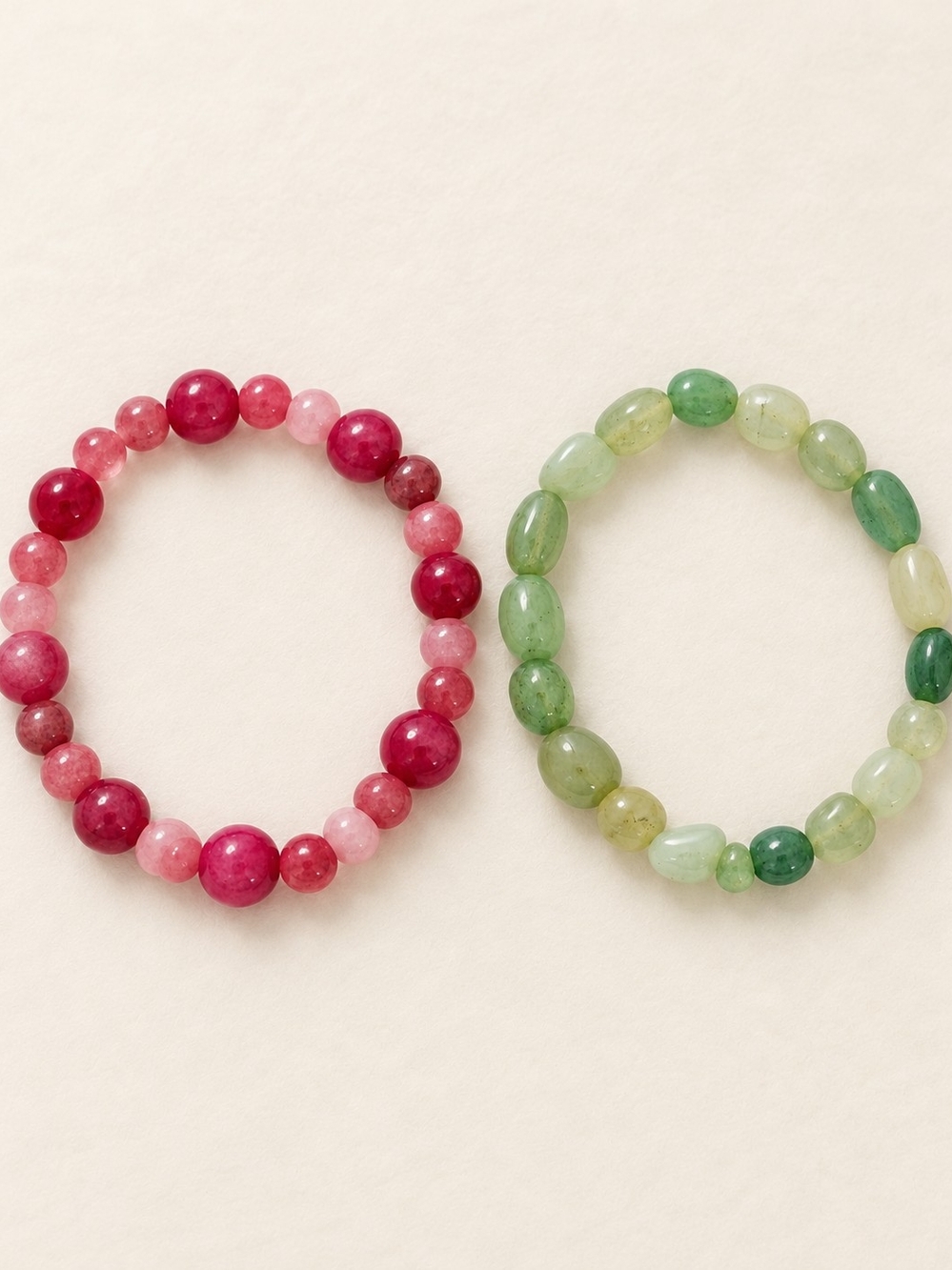 Pink and Green Beaded Stretch Bracelet Set of 2